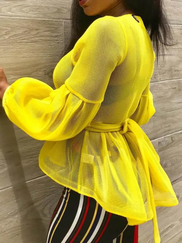 Женская желтая блузка топы Прозрачная Сексуальная Блузка с баской и поясом