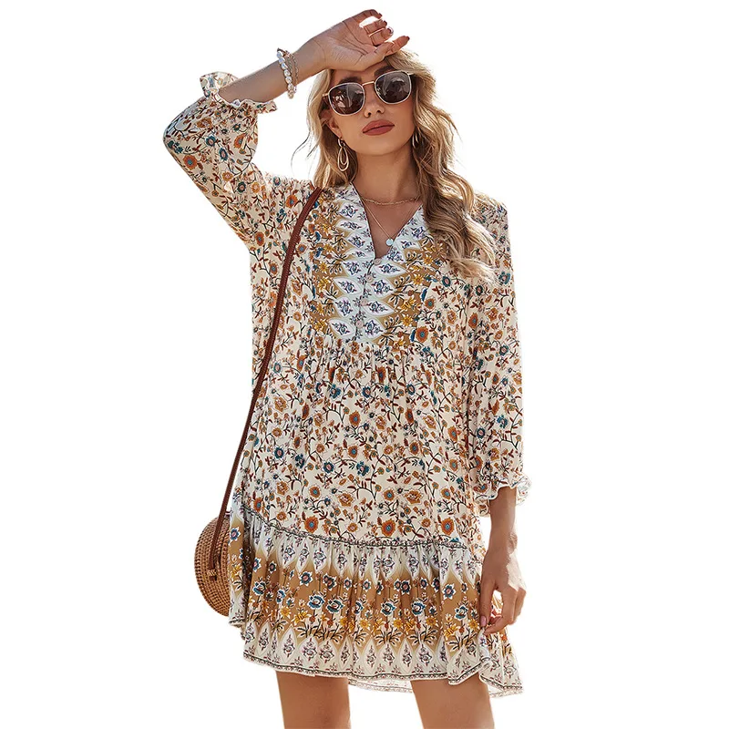 

WJJDFC boho mini women dresses V-neck casual floral print dress with flounce sleeves cotton dress vestidos