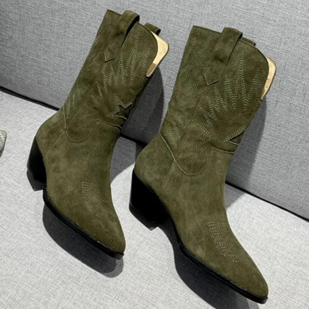 

Women's natural suede leaher thick med heel autumn mid-calf boots round toe warm plush winter half boots high quality shoes sale