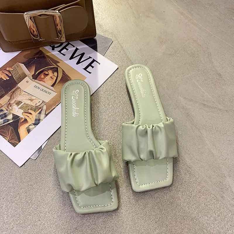 

Women Flat Slippers Ladies Slip On PU Leather Beach Shoes Woman Summer Casual Pleated Slipper Female Fashion Footwear 2021 Hot