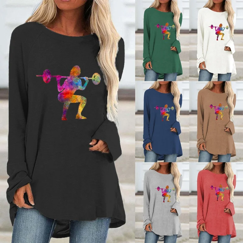 

Women Autumn Clothing Round Neck Pullover Top Solid Color Fashion Sport Printing Graphic Loose Shirt Casual T-shirt