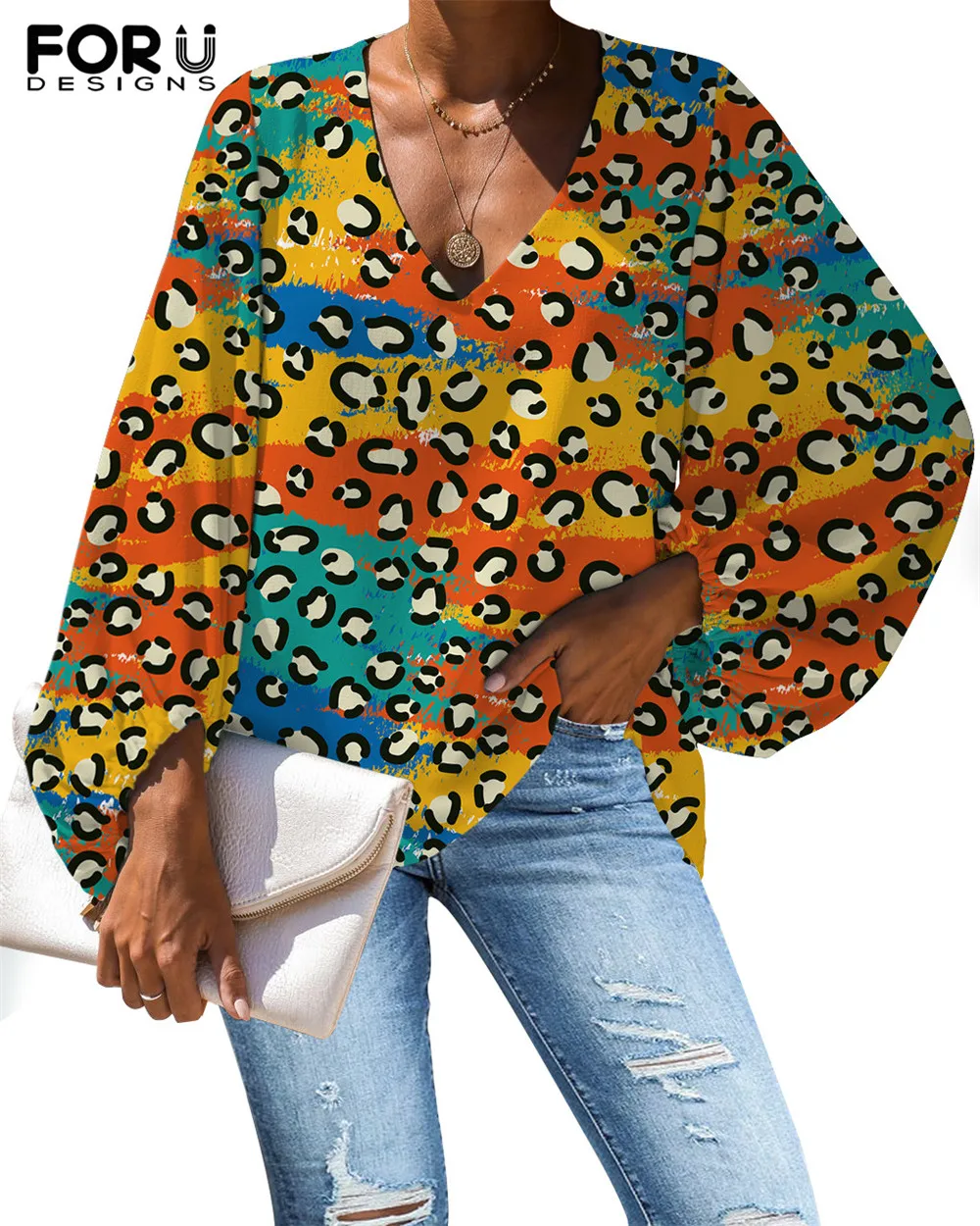 

FORUDESIGNS Colorful Leopard Printing Pattern V-neck Long Sleeve Blouses Femme Pullover Chiffon Blouse Casual Shirts Ladies 2021