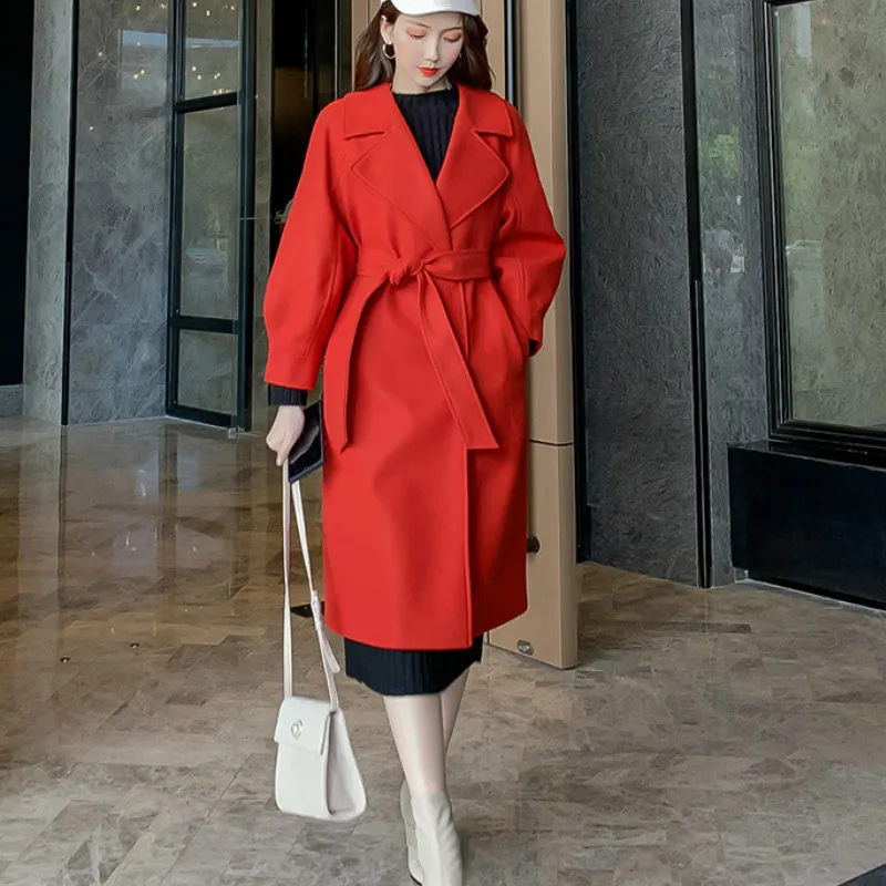 Хит Женское шерстяное пальто отложной воротник пояс длинное элегантное женское