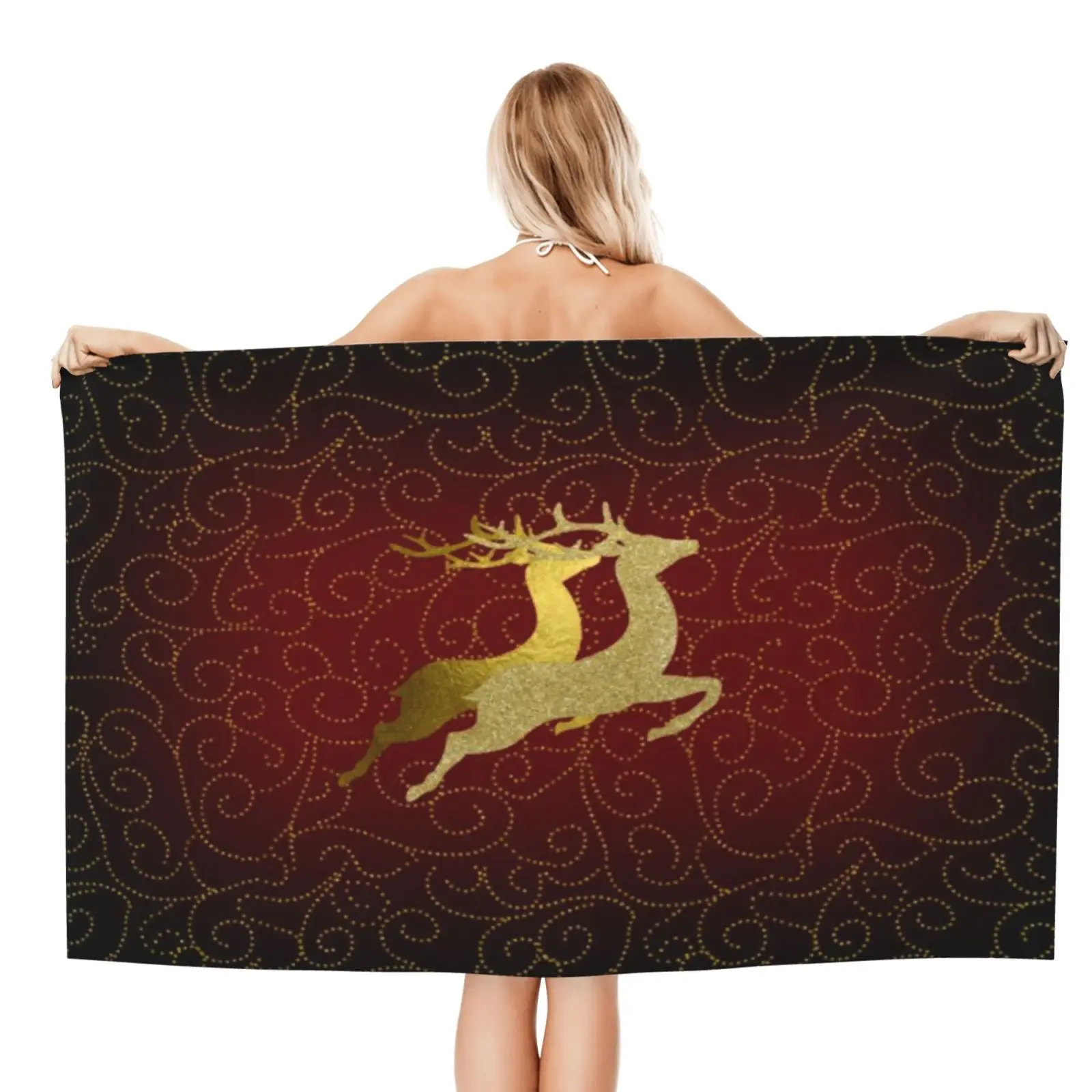 

Ombre Two Gold Reindeer Beach Towel, XL Bath Towel, Personalized Design, Sand Cloud Luxury Beach Towel Towels Bathroom