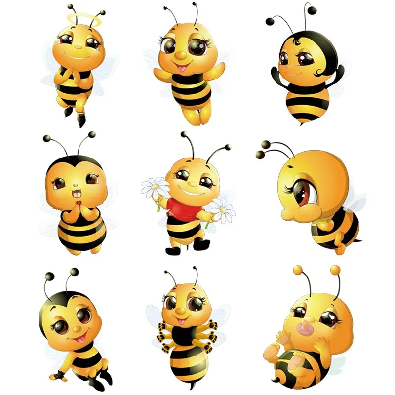 

9pcs/Lot Cute Bee Stripes Fusible Stickers Iron On Transfers For Clothing Thermoadhesive Patches Children DIY Free Shipping