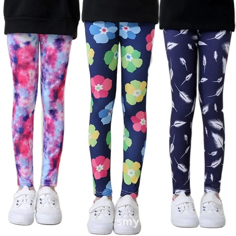 

Milk Silk Stretch Girls Leggings Spring Autumn Floral Printed Girls Children Trousers Thin Student Pant Casual Girl Tight Pants