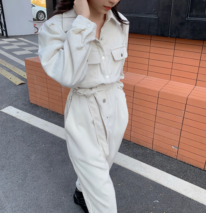 Spring 2021 Corduroy Jumpsuits Romper Women High Fashion Button Female Casual Overalls