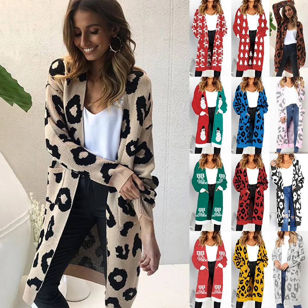 

Women's Long Knitted cardigan winter clothes Leopard Scarf Collar with Pockets korean tops female coats 2020 Christmas sweaters