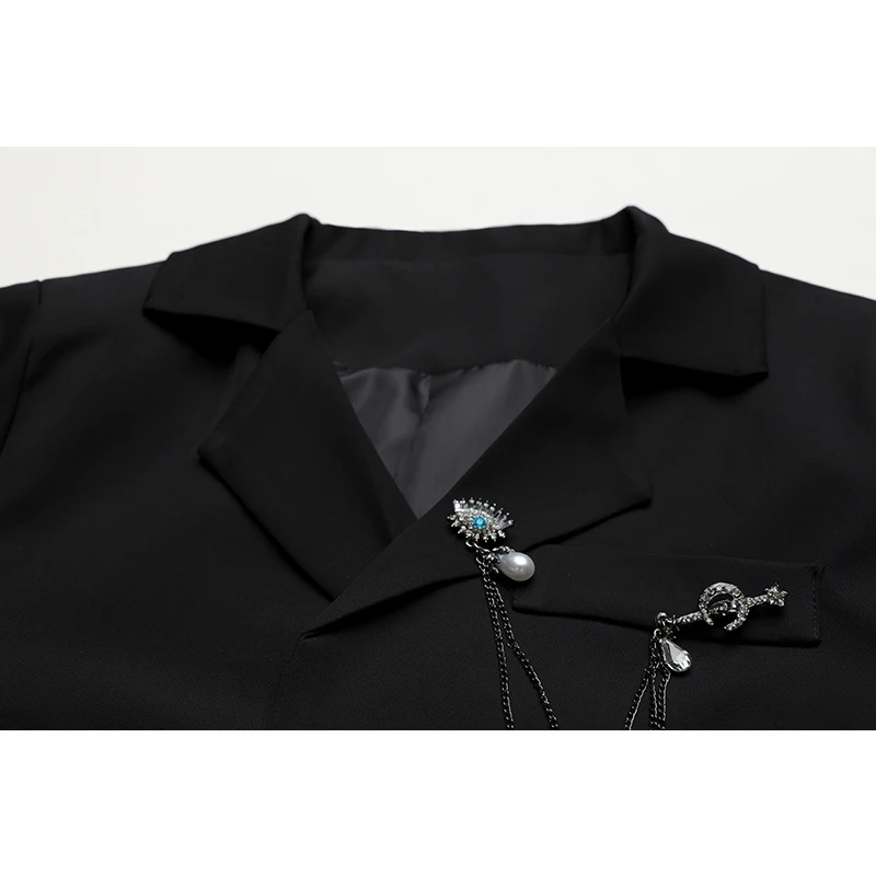 Женский пиджак с цепочкой повседневный винтажный черного цвета длинным рукавом