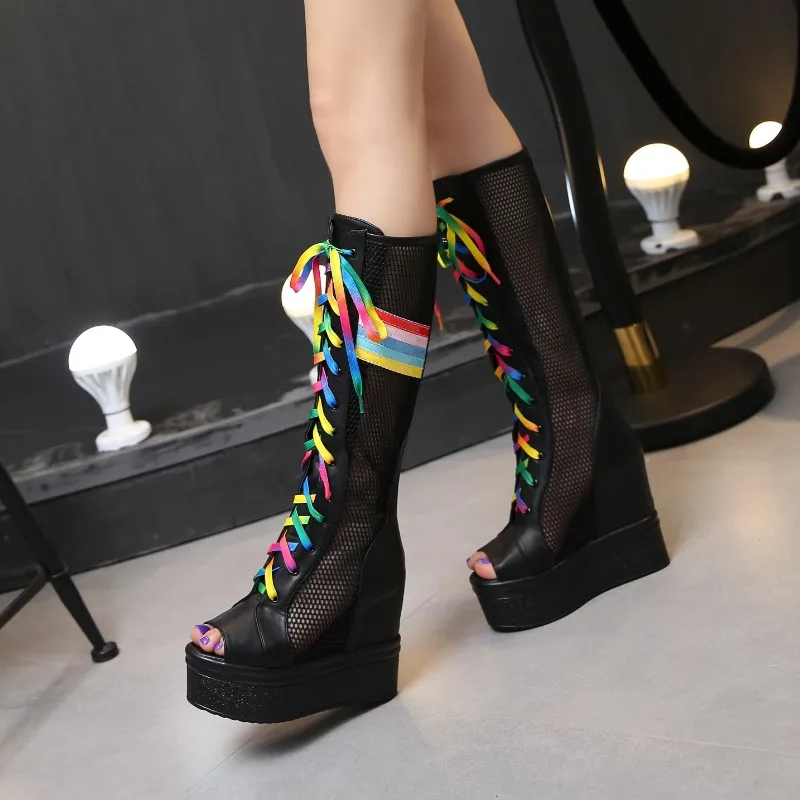 

2021 spring/summer fashion women's shoes Korean version strap sandals slope heel increased color mesh women's sandal boots