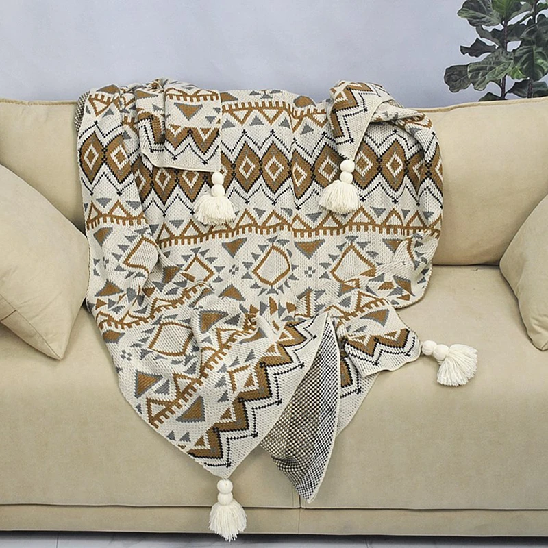 

Bohemian Throw Blanket Nordic Minimalist Carpet Knitted Waffle Office Air Conditioning Blankets Cover Wool Sofa Towel Rugs Grid