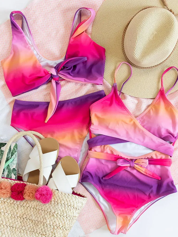 Градиентный Цветной купальник Для женщин с завязкой спереди Высокая Талия