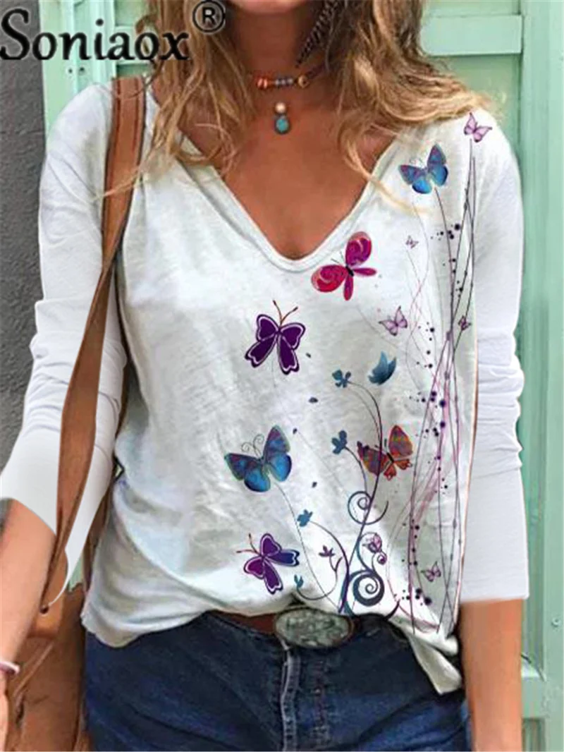 

Женская футболка с длинным рукавом, V-образным вырезом и принтом бабочки