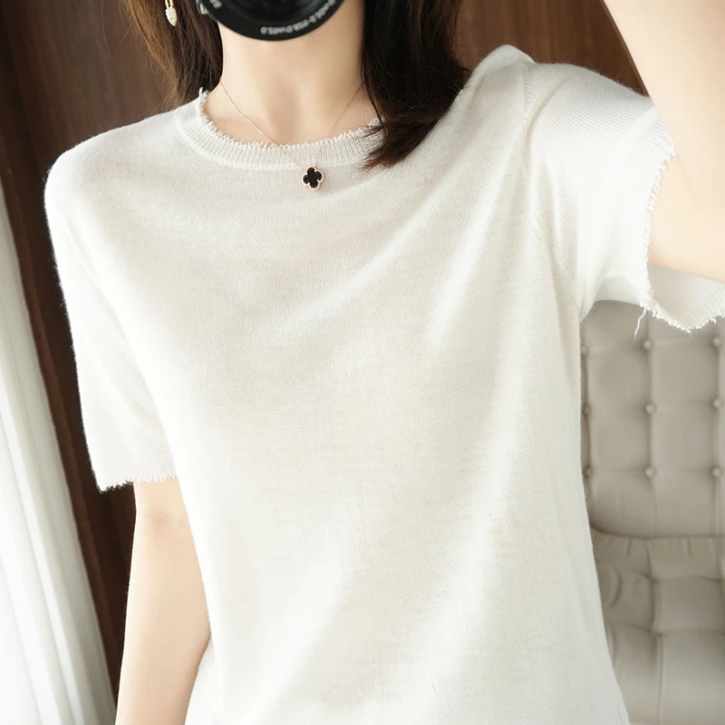 

2021 Summer New Cashmere Worsted Short-Sleeved Fashion Round Neck Women's Loose Wool T-Shirt All-Match Thin Knit Bottoming Shirt
