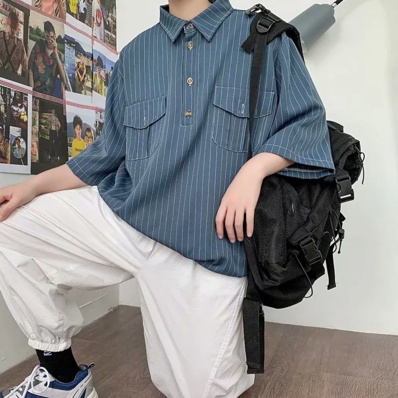 

Полосатая рубашка для мужчин, корейская мода, свободная деловая Повседневная рубашка, уличная одежда в стиле Харадзюку, универсальная мужс...