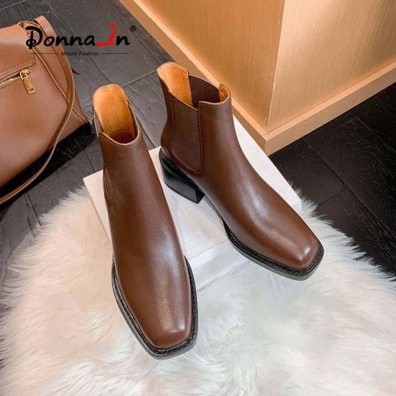 

Женские ботинки челси в стиле ретро Donna-in, коричневые ботильоны из натуральной кожи на квадратном каблуке в британском стиле, новинка зимы ...