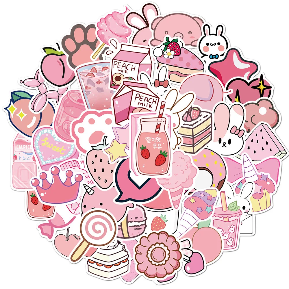 

50pcs/bag Kawaii Girl Pink Cartoon Decoration Sticker PVC Waterproof Suitcase Graffiti Notebook Tablet Stationery Decoration