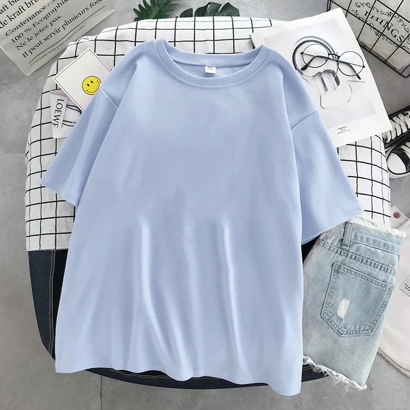 

Basic Cotton T Shirt Women Summer New Oversized Solid Tees 7 Color Casual Loose Tshirt Korean O Neck Female Tops