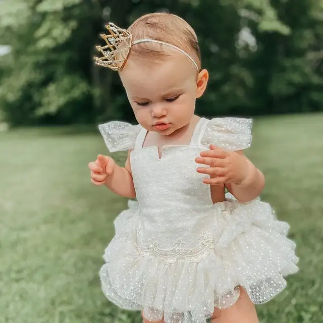 

2Pcs Infant Dot Pattern Lace Splicing Fly Sleeve Backless Romper + Bow Headwear 0-24M Baby Girls Summer White Bodysuit Outfit