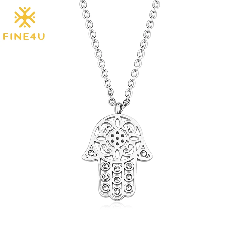 Подвеска Фатима из нержавеющей стали FINE4U N483 колье с фианитом мусульманская