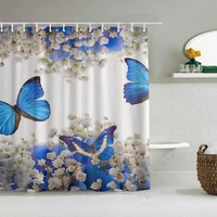 polyester fabric shower curtainblue butterflies white flowerswith 12 plastic hooks decorative bath curtains 72x72 inches