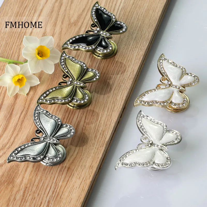 

Retro creative diamond butterfly bronze antique tin darwer tv cabinet knob pull gold silver white black crystal cupboard handle