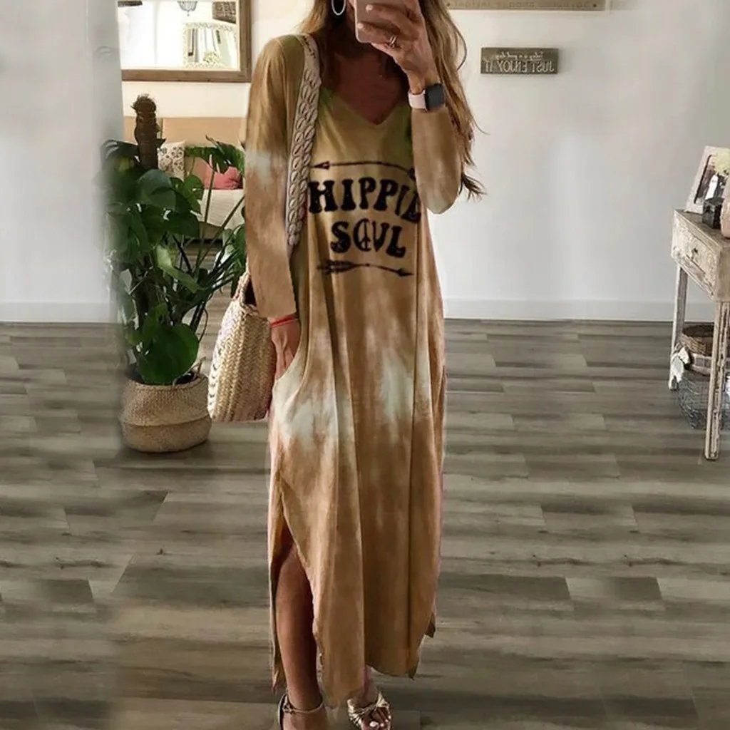 Tie Dye длинное платье для женщин хиппи душа печати о-образным вырезом свободного покроя с длинным рукавом рубашка макси платья размера плюс сплит винтажное платье