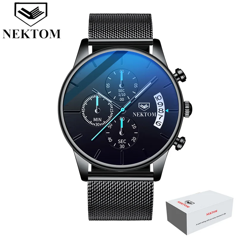 Mesh black box Часы с хронографом, спортивные мужские s часы, лучший бренд, Роскошные водонепроницаемые полностью стальные светящиеся кварцевые часы для мужчин, Relogio Masculino - Color: Mesh black box