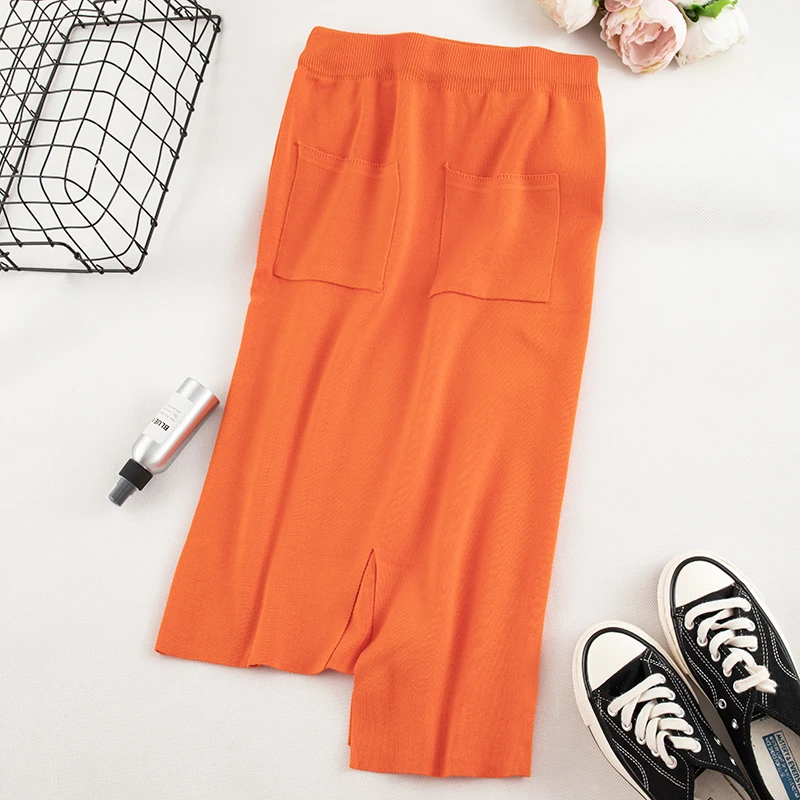 SINGRAIN женские зимние вязаные юбки теплые длинные юбки-карандаш средней длины с