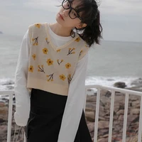 sweater vest women v neck sleeveless preppy cropped all match daily cozy korean style flowers loose knitted new arrivals hot ins