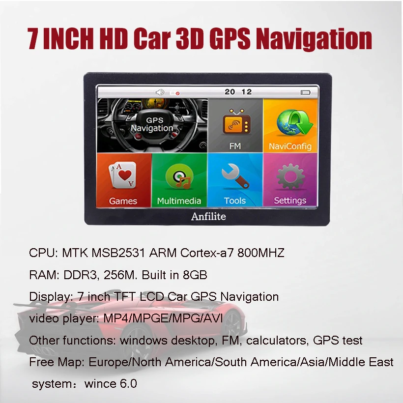 7 дюймов HD кемпинг автомобиля/грузовика/транспортного средства gps навигация Встроенный 8 Гб+ 256 м Bluetooth MP3/MP4-плееры MTK спутниковой навигации в США, Россию, Европейскому дизайну