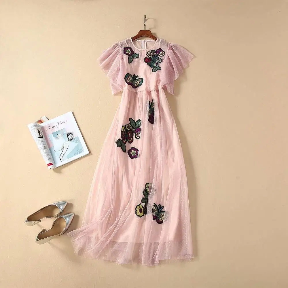 Европейская и американская женская одежда весна стиль цветок бабочка вышивка короткий рукав Модное газовое платье