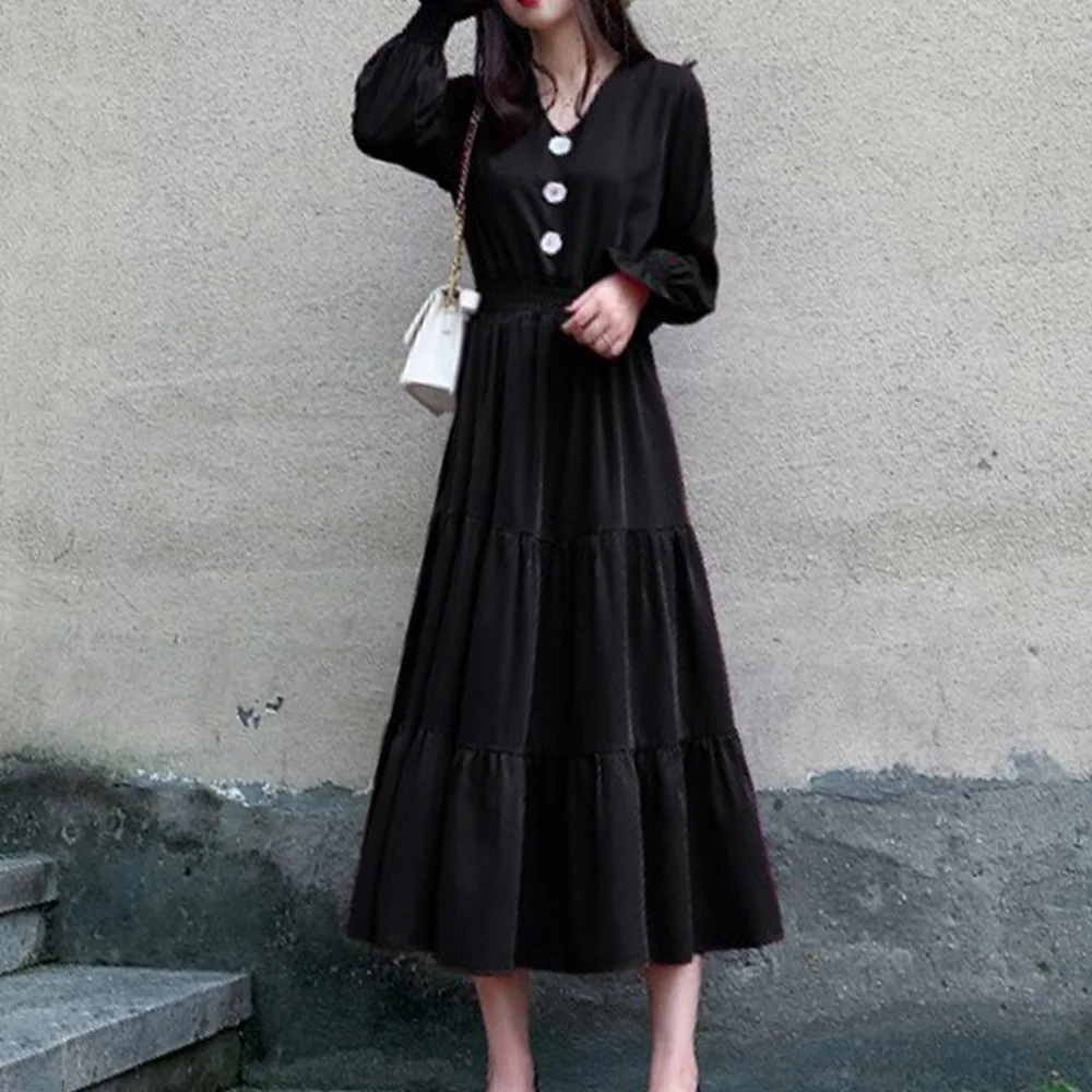 

Women Chiffon Dress V-neck Sexy French Fairy Looks Thin Temperament A-line Skirt Button Fashion Sweet Lady Spring 2021