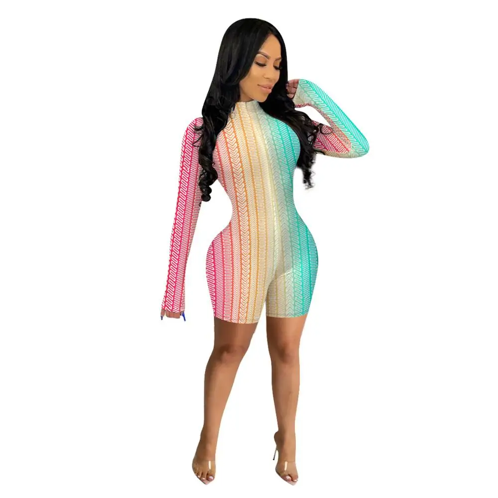 

Fashion Women Striped Print Sportwear Bodycon Jumpsuits 2020 Autumn Latest Lady's Casual o-Neck Full Sleeve Zipper Short Rompers
