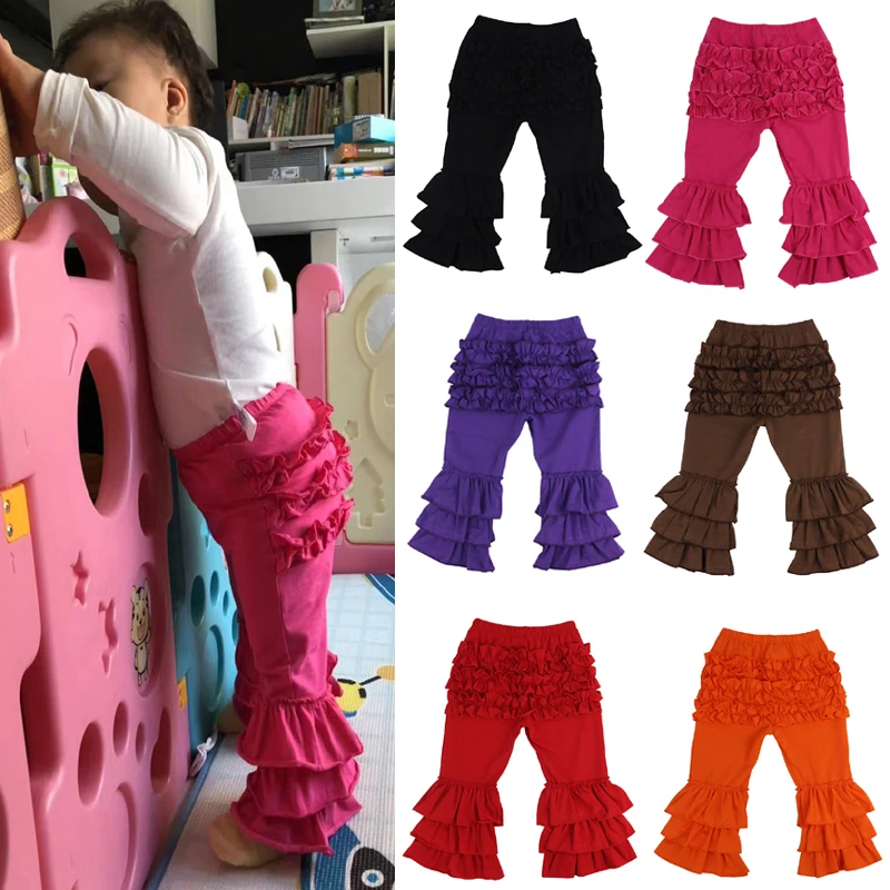 Бутик для маленьких девочек Тройная оборка расклешенные брюки Одежда однотонные