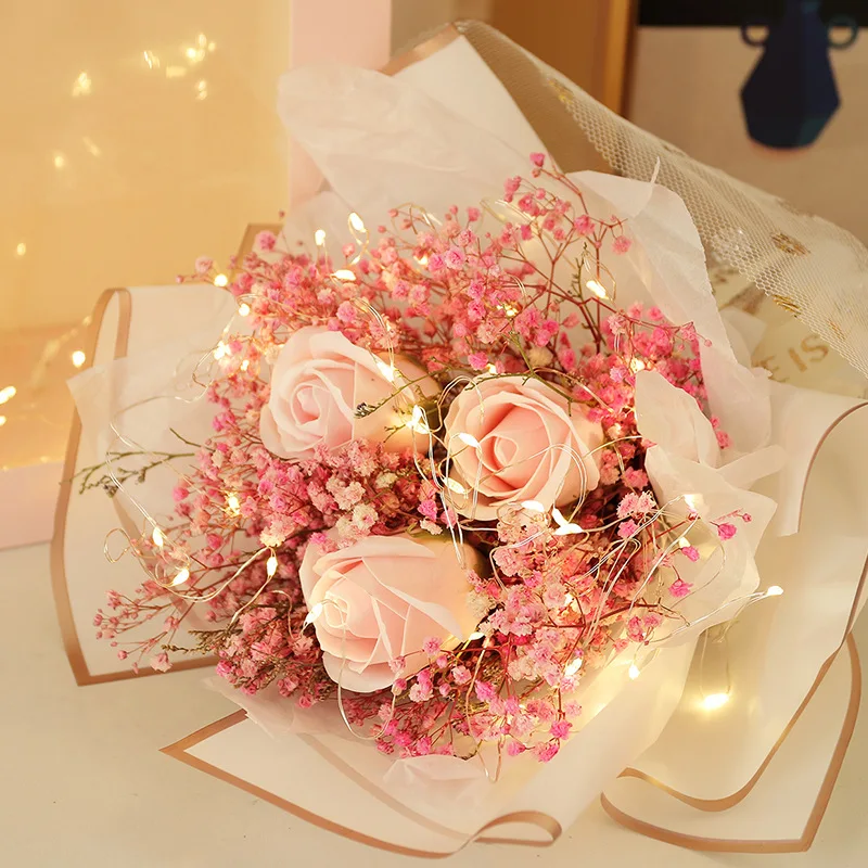 

Exquisite rose bouquet, gypsophila dry flower bouquet + LED light + gift bag flower gift box Valentine's day birthday gift