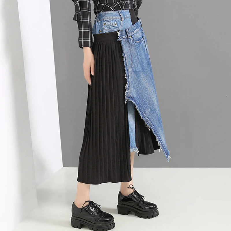 Женская Лоскутная джинсовая юбка CHICEVER повседневная плиссированная большого