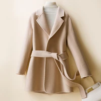 autumn winter self cultivation short double sided coat womens belt was thinner 100 wool coat all match long sleeved cardigan