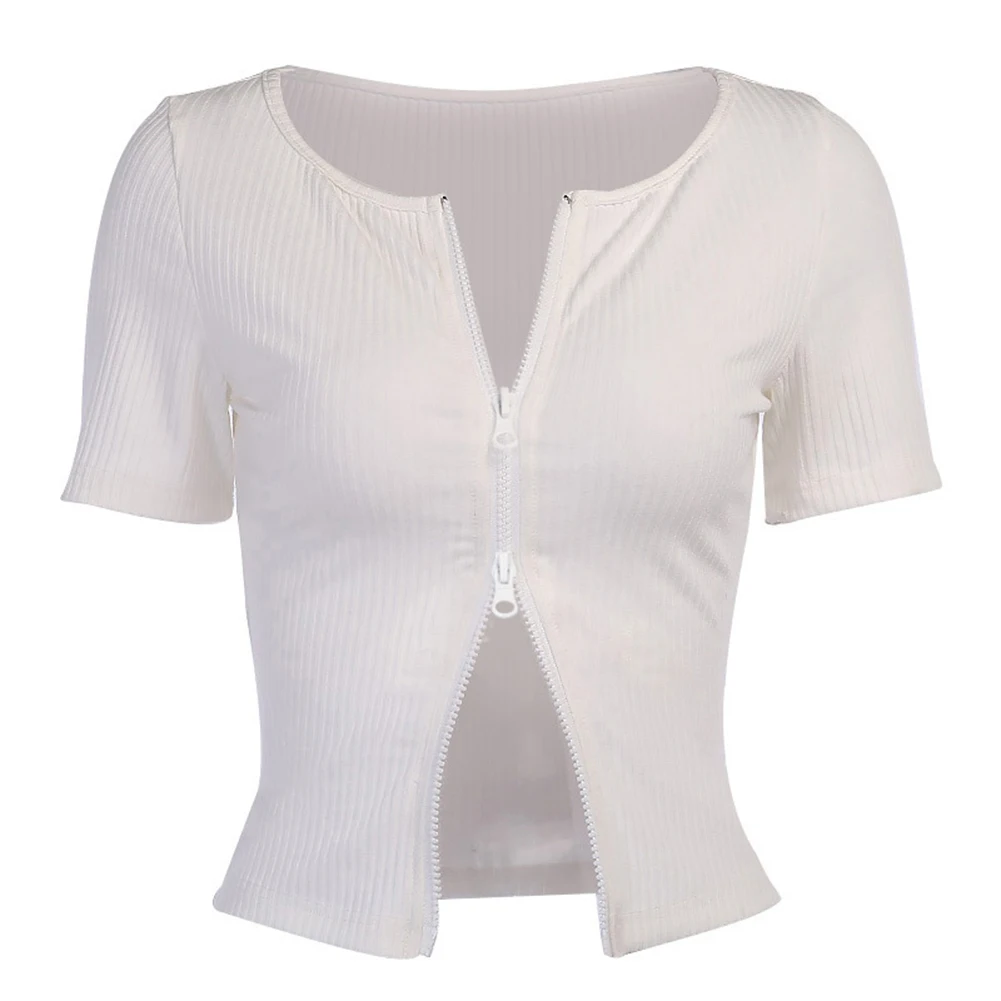 

Women Sexy Short Sleeve O Neck Crop Top Ribbed Double Zip Slim T Shirt Blouse