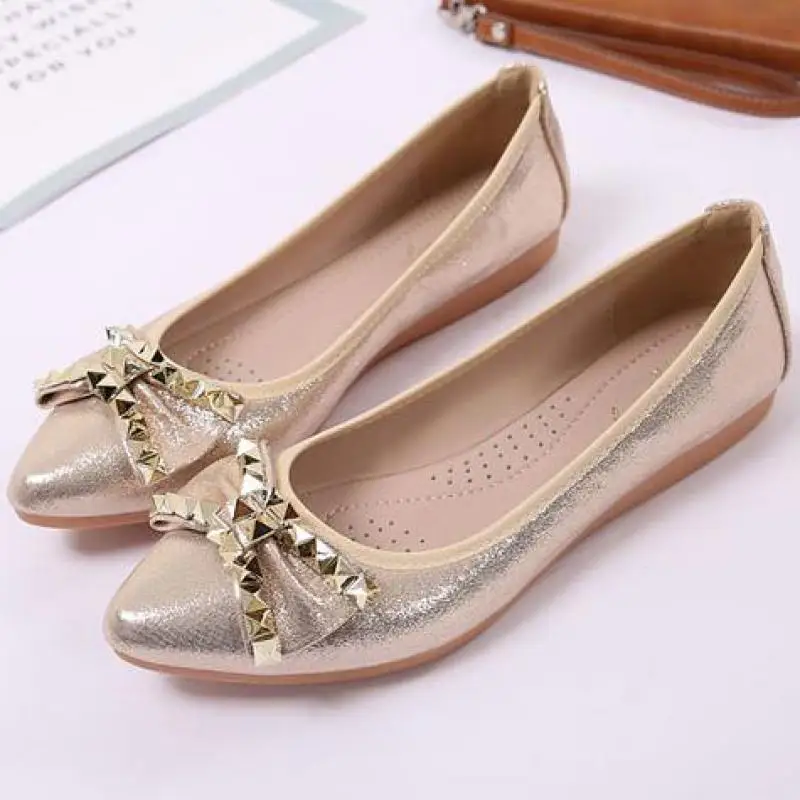 Туфли женские с бантом балетки лоферы без застежки заостренный носок