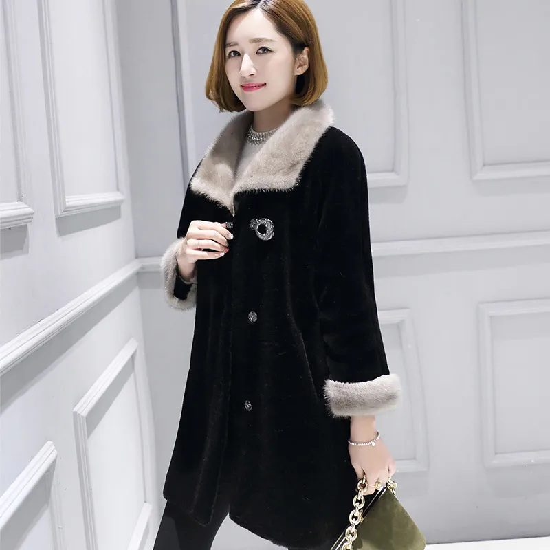 Женская Шуба из овчины с натуральным норковым меховым воротником шуба