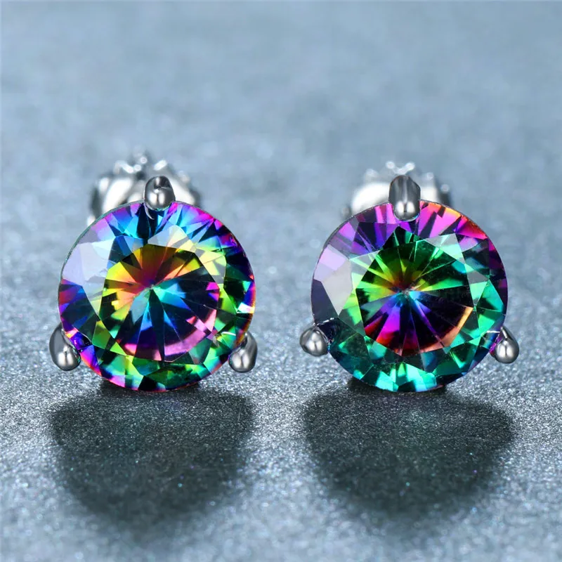 Женские круглые серьги гвоздики с разноцветными драгоценными камнями из серебра