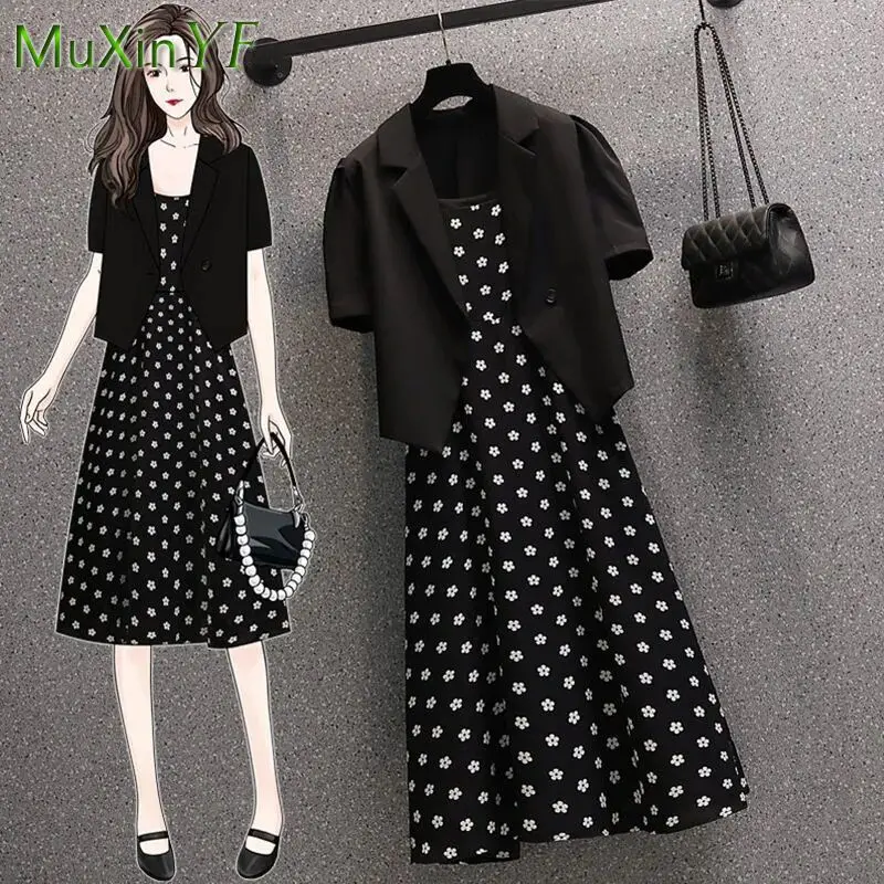 

Summer Dress Suit Jacket Two-piece 2022 New Floral Suspender Dresses Short-sleeved Blazer Set Women Elegant Top Skirt