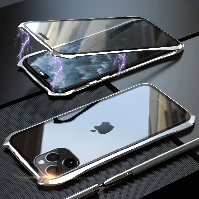 Серебристый Для iPhone 11 Pro Max 11 чехол, стиль летучая мышь тонкая металлическая рамка, взрывозащищенный чехол из закаленного стекла с магнитной адсорбцией - Цвет: Серебристый