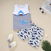 2021 summer children sets casual sleeveless o neck striped tops print shark shorts 2pcs boys clothes sets