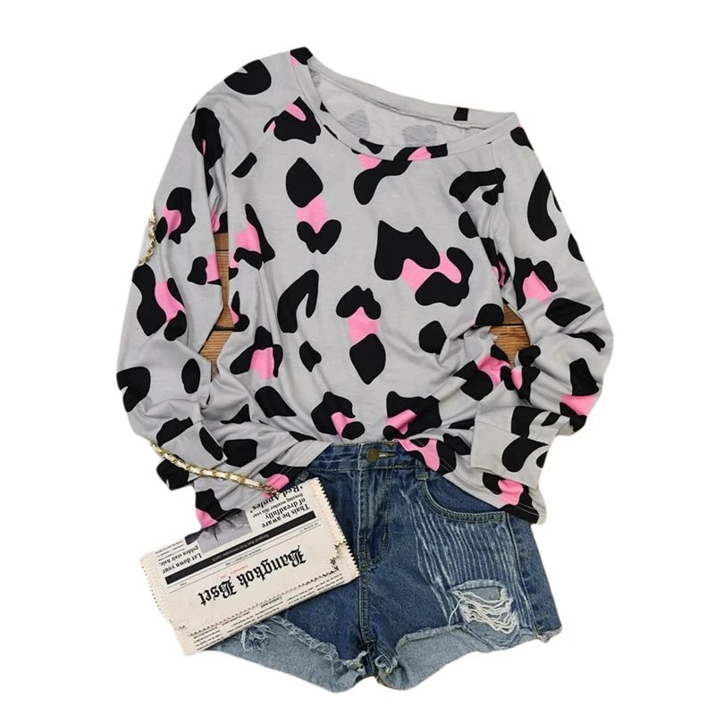

Women Casual Leopard Shirts, Oblique Shoulder Long Sleeve Color Block Tunics Printed Tops