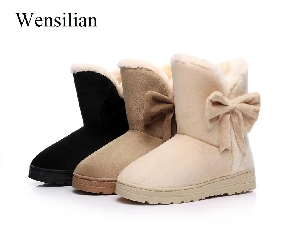 Ботинки с бантом Женские зимние ботинки Женская повседневная обувь бежевого