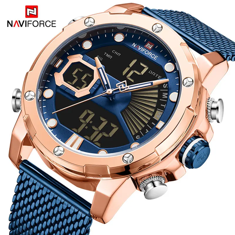 

NAVIFORCE модные роскошные часы для мужчин с цифровым хронографом Спортивные кварцевые наручные часы военный сетчатый стальной ремешок водоне...