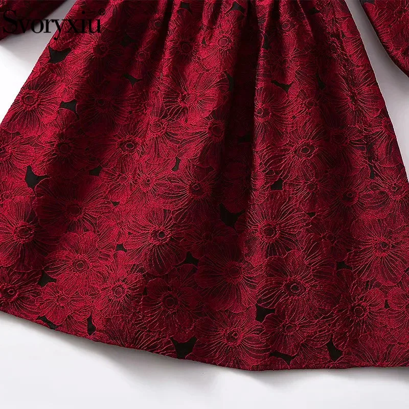

Svoryxiu Designer Autumn Winter Vintage Party Dress Women's Elegant Lantern Sleeve Bow Collar Lace Embroidery Red Short Dress