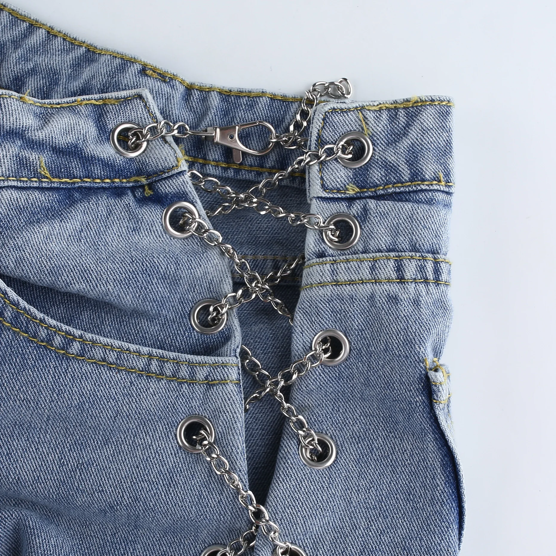 

Woman Chains Lace Up High Waist Jeans Casual Straight Denim Blue Pants Female High Street Skinny Jeans Korean Pocket Trousers